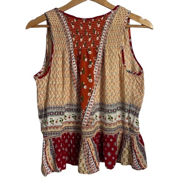 PATRONS OF PEACE BOHO RED/BEIGE/BLUE LACE-UP TANK TOP SIZE EXTRA‎ SMALL - Picture 2 of 4